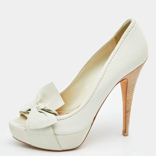 Original Miu Miu White Leather Bow Platform Pumps Size 37.5