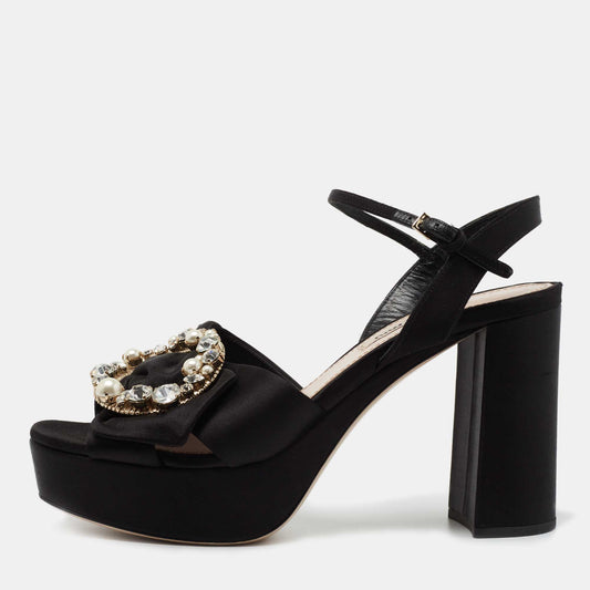 Original Miu Miu Black Satin Crystal Embellished Block Heel Ankle Strap Platform Sandals Size 38