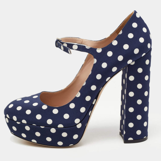 Original Miu Miu Navy Blue/White Canvas Polka Dot Platform Pumps Size 39.5