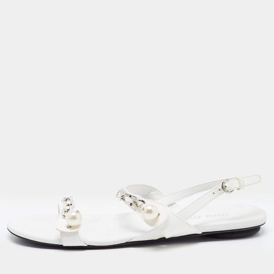 Original Miu Miu White Patent Leather Chain and Pearl Embellished Flat Sandals Size 40