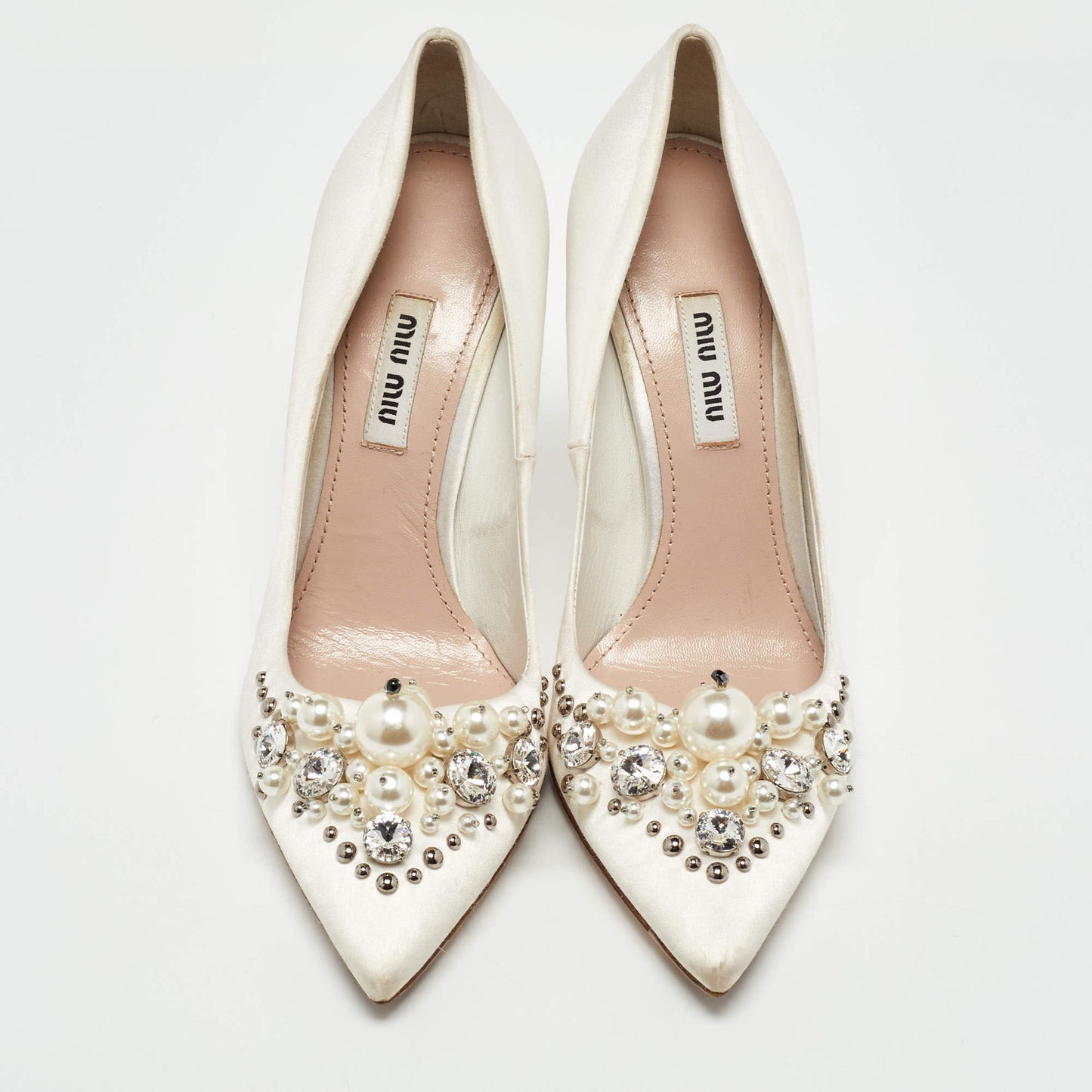 Original Miu Miu White Satin Embellished Pumps Size 37