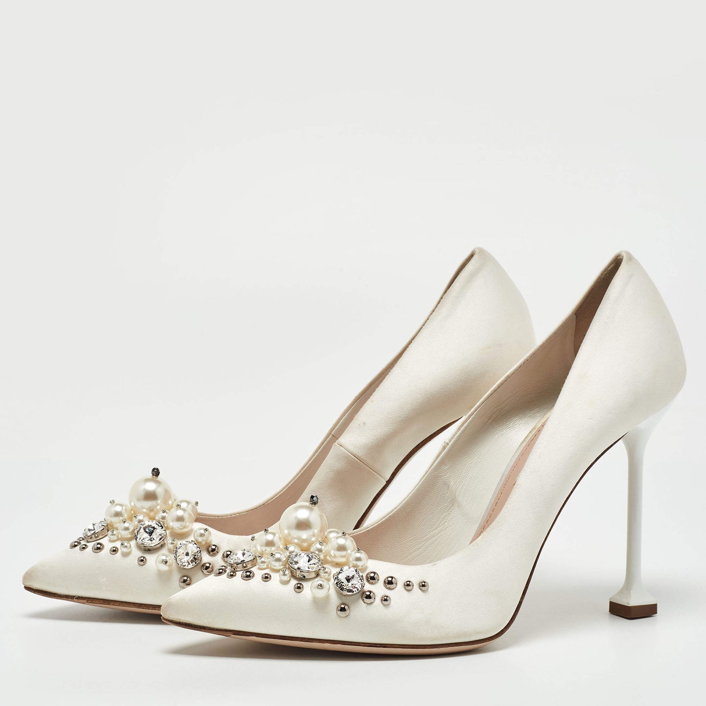 Original Miu Miu White Satin Embellished Pumps Size 37