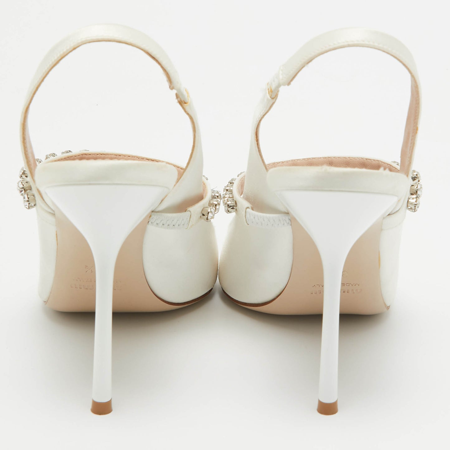 Original Miu Miu White Satin Crystal Embellished Slingback Pumps Size 38.5