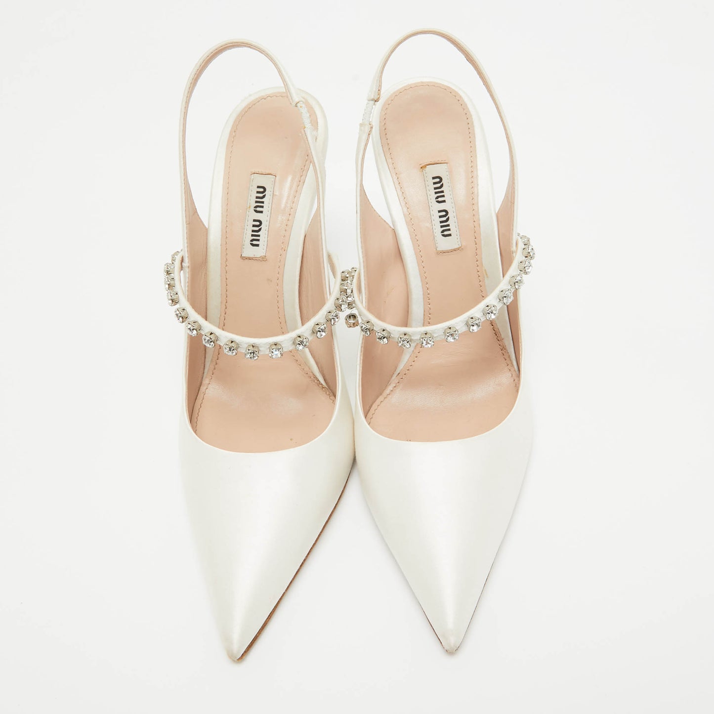 Original Miu Miu White Satin Crystal Embellished Slingback Pumps Size 38.5