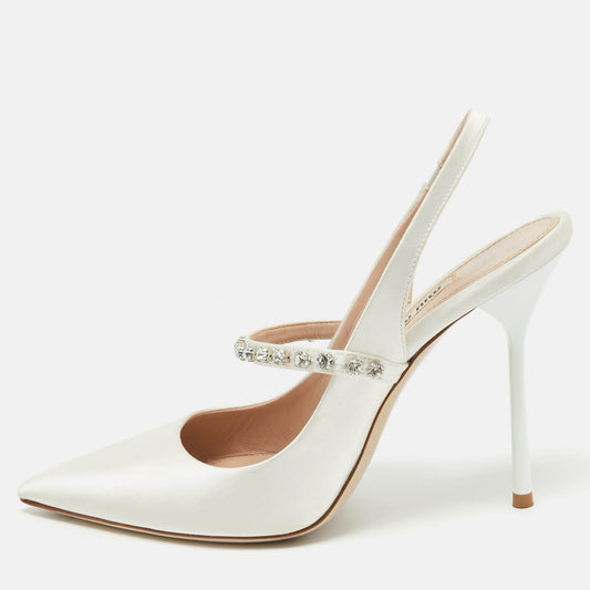 Original Miu Miu White Satin Crystal Embellished Slingback Pumps Size 38.5