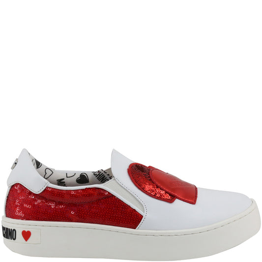 Original Love Moschino White/Red Faux Leather and Sequins Slip On Sneakers Size 40 (Never Used)