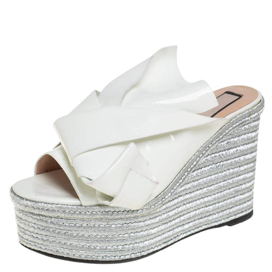 Original N21 White Patent Leather Knotted Espadrille Wedge Platform Sandals Size 38