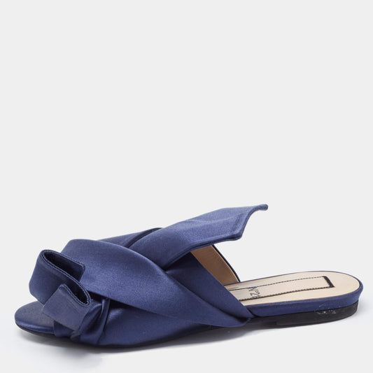 Original N21  Navy Blue Satin Knot Flat Slides Size 36