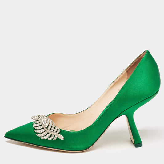 Original Nicholas Kirkwood Green Satin Crystal Embellished Monstera Pumps Size 38.5 (Never Used)