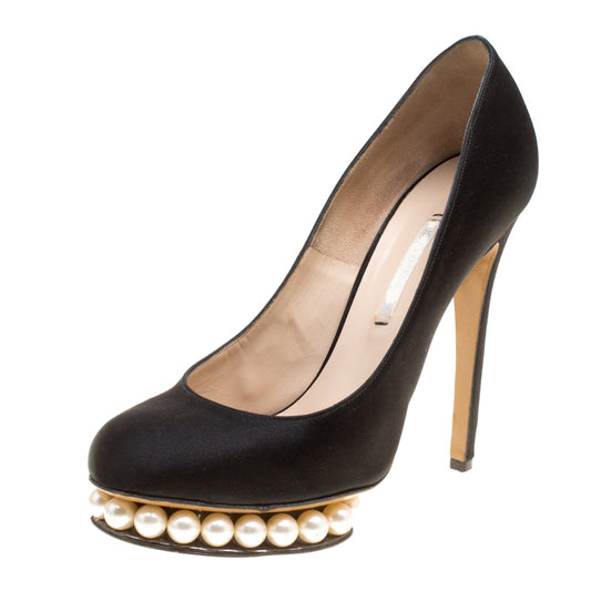 Original Nicholas Kirkwood Black Satin Casati Faux Pearl Platform Pumps Size 37.5