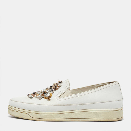 Original Prada White Leather Crystal Embellished Slip On Sneakers Size 36.5