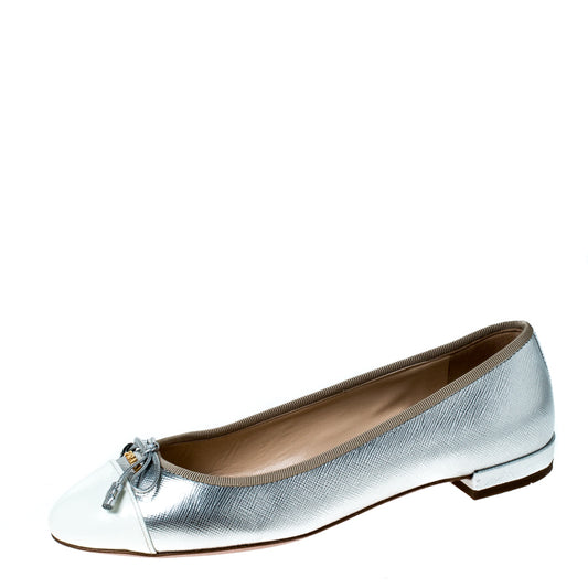 Original Prada Silver/White Metallic Leather Cap Toe Bow Ballet Flats Size 37