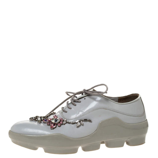 Original Prada White Crystal Embellished Leather Lace Up Sneakers Size 37.5