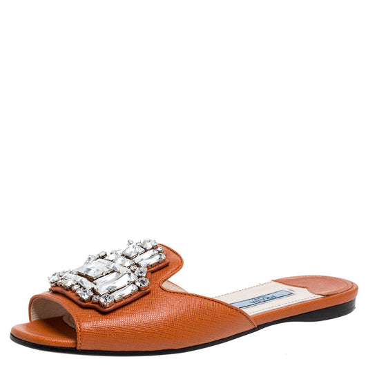 Original Prada Orange Leather Crystal Embellished Flat Slide Size 35