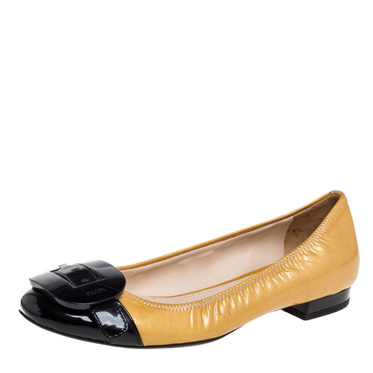 Original Prada Yellow/Black Patent Leather Bow Embellishment Ballet Flats Size 36.5