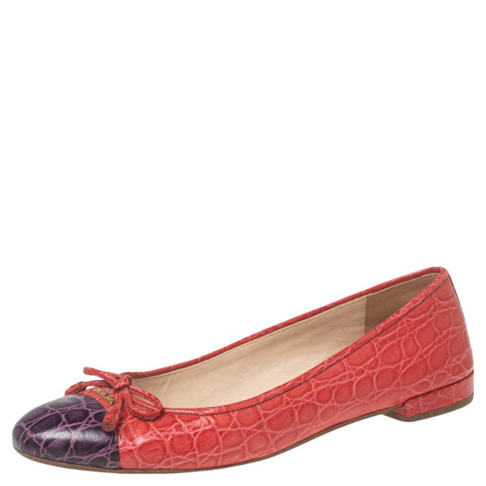 Original Prada Red/Purple Croc Embossed Leather Bow Ballet Flats Size 37