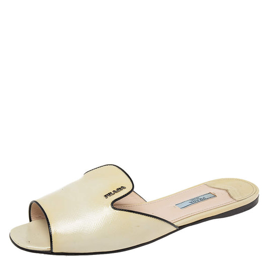 Original Prada Cream Patent Leather Flat Sandals Size 40.5