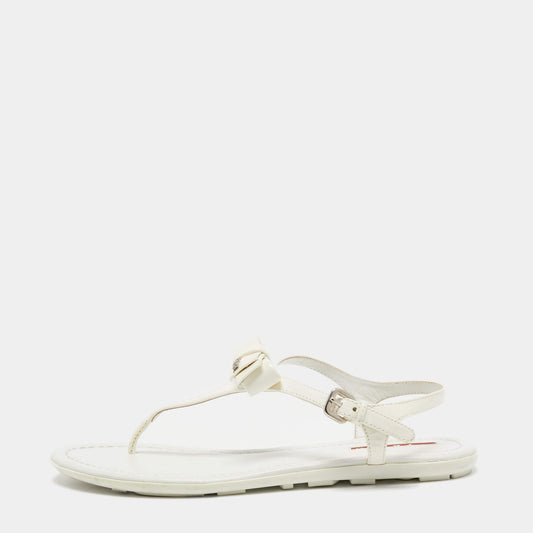 Original Prada White Patent Leather Logo Thong Flat Sandals Size 39