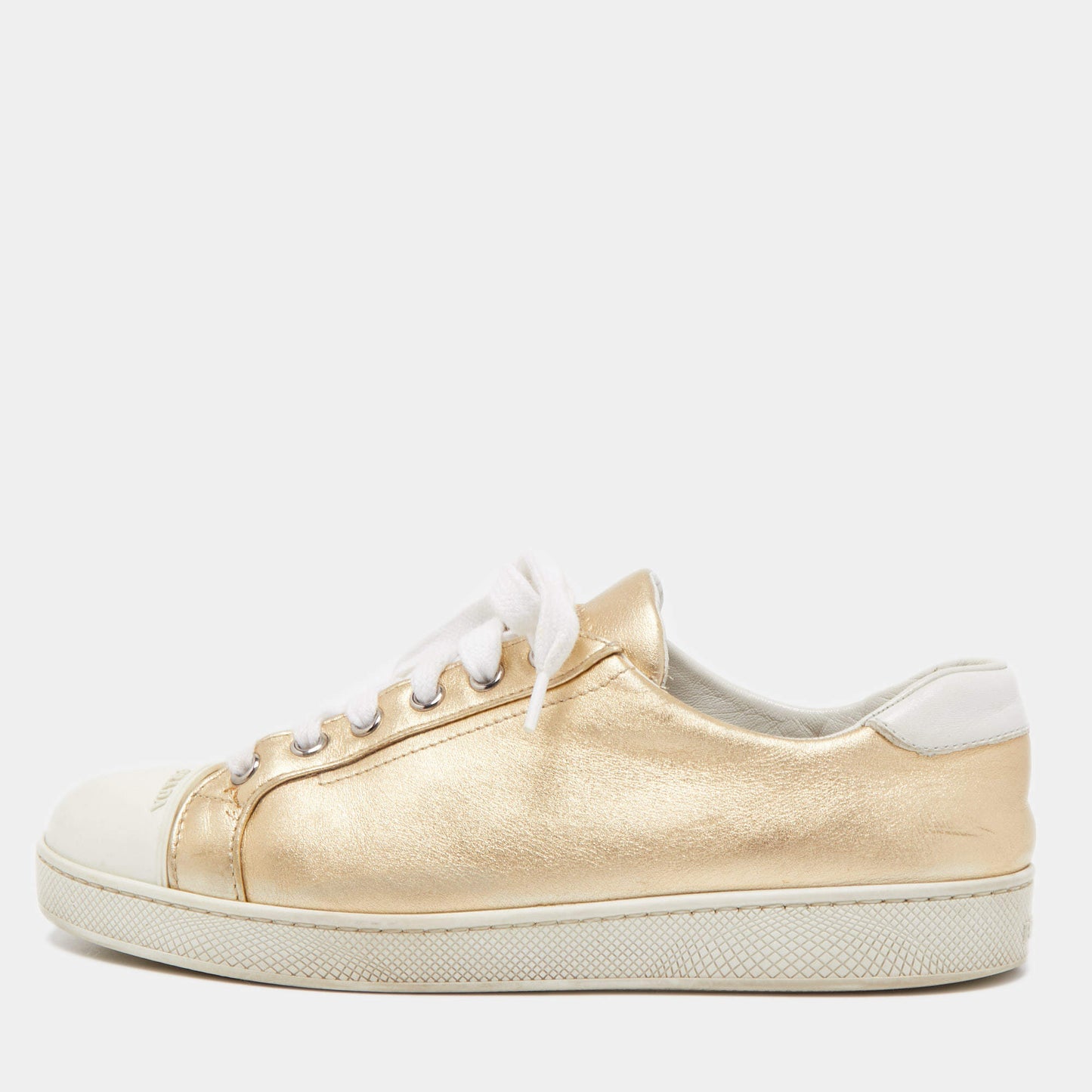 Original Prada Gold/White Leather and Rubber Low Top Sneakers Size 38