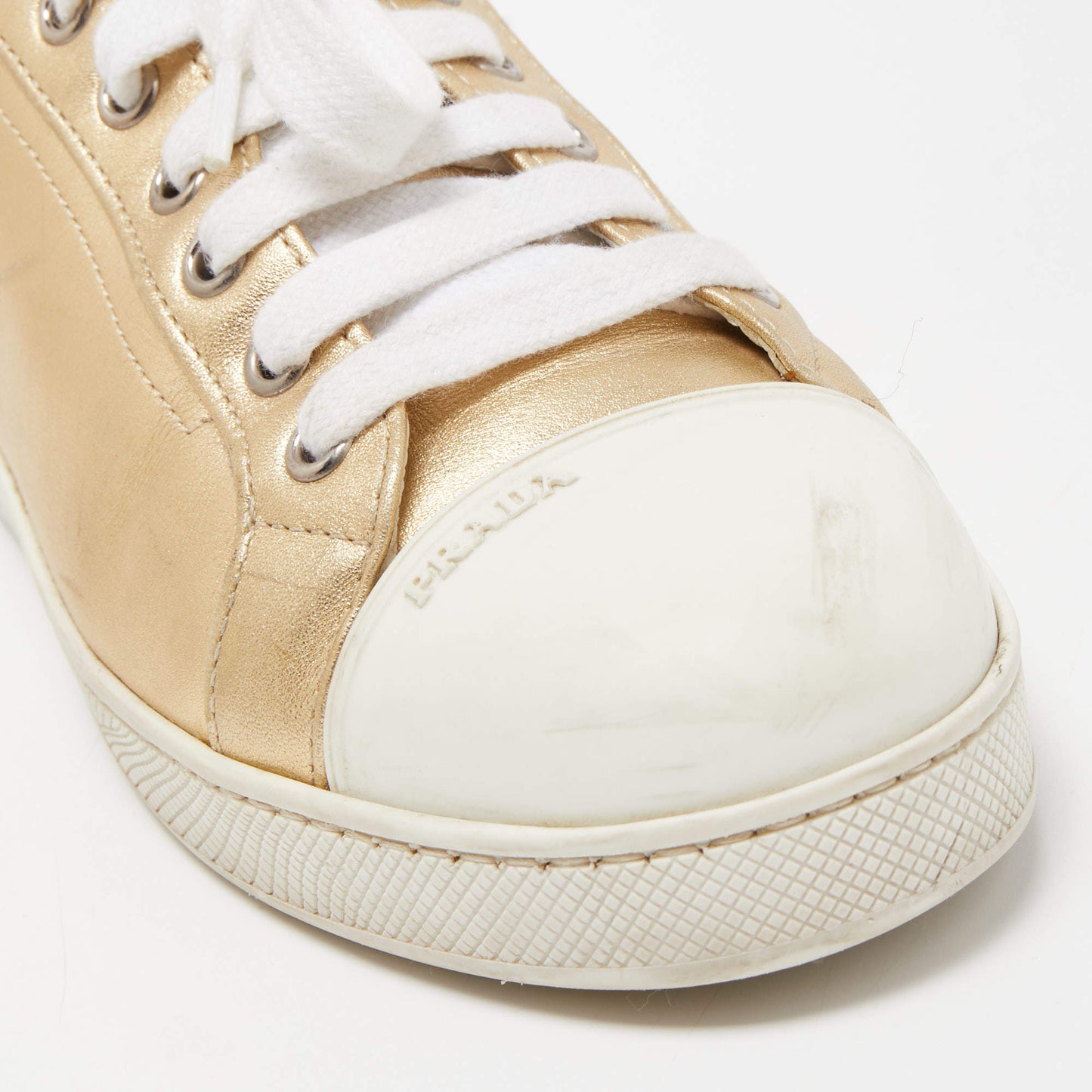 Original Prada Gold/White Leather and Rubber Low Top Sneakers Size 38