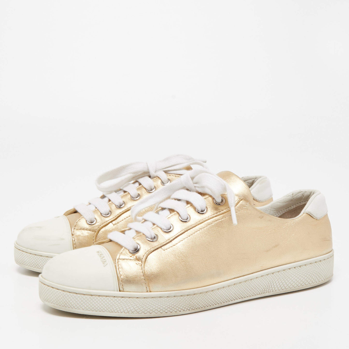 Original Prada Gold/White Leather and Rubber Low Top Sneakers Size 38