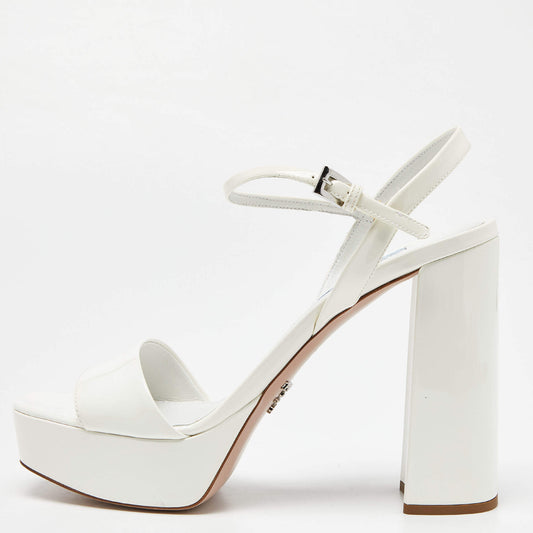 Original Prada White Patent Leather Ankle Strap Block Heel Platform Sandals Size 38