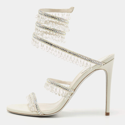 Original Rene Caovilla White Leather Crystal Embellished Chandelier Ankle Wrap Sandals Size 38 (Never Used)