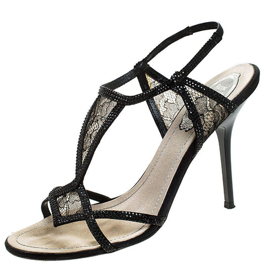 Original René Caovilla Black Lace And Satin Crystal Embellished Open Toe Slingback Sandals Size 37