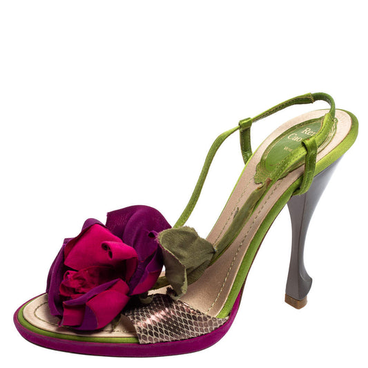 Original René Caovilla Multicolor Snakeskin Leather and Satin Flower Applique Slingback Sandals Size 37