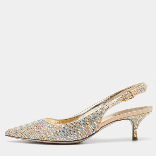 Original René Caovilla Metallic Crystal Embellished Satin Slingback Pumps Size 39