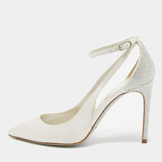 Original René Caovilla White Satin Crystal Embellished Slingback Ankle Strap Pumps Size 34.5