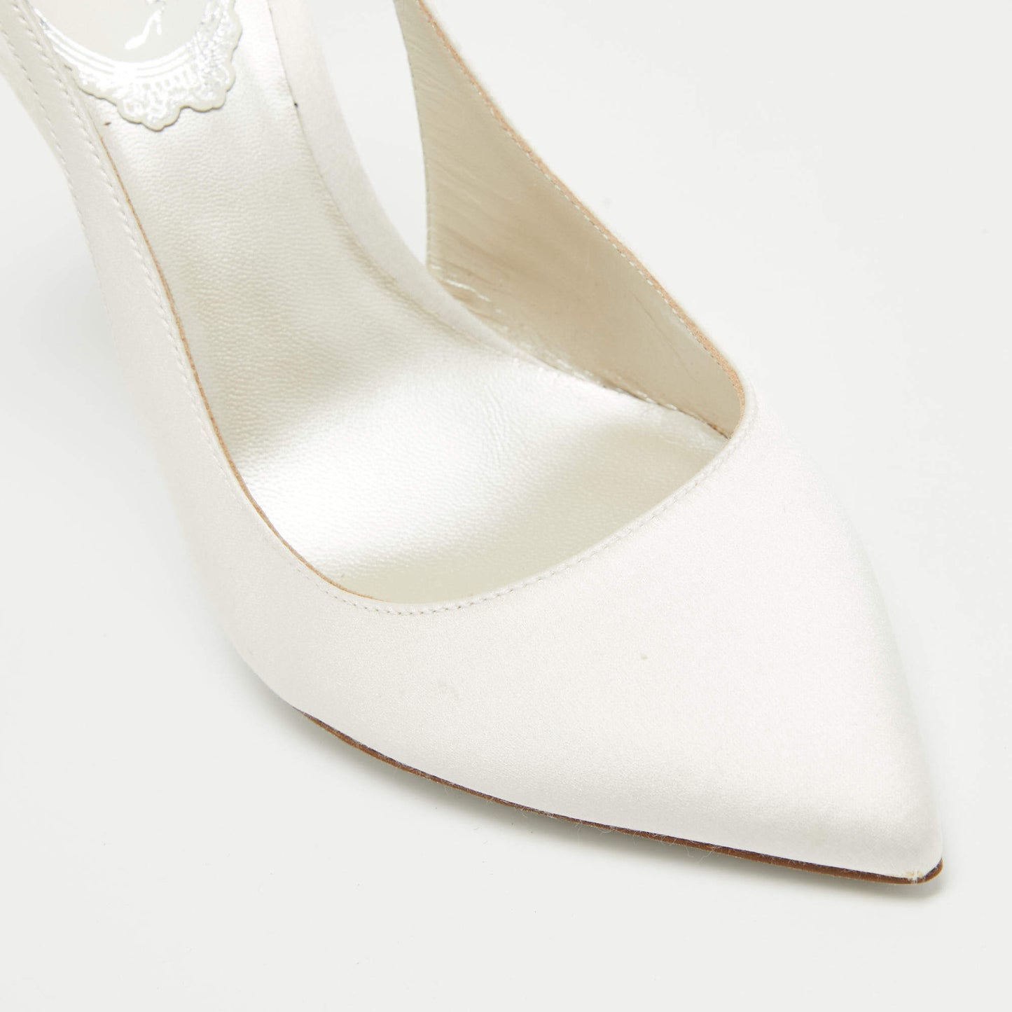 Original René Caovilla White Satin Crystal Embellished Slingback Ankle Strap Pumps Size 34.5