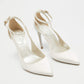 Original René Caovilla White Satin Crystal Embellished Slingback Ankle Strap Pumps Size 34.5