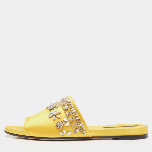 Original Rochas Yellow Satin Crystal Embellished Flat Slides Size 38