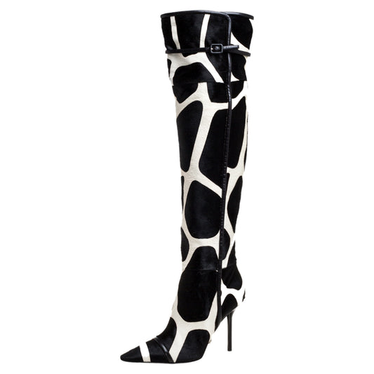 Original Roger Vivier  Black/White Giraffe Print  Calf Hair And Leather Thigh Length Boots Size 40