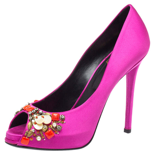 Original Roger Vivier Pink Satin Fuschia Embellished Peep Toe Pumps Size 39