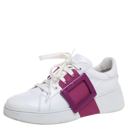 Original Roger Vivier White/Pink Leather And Rubber  Viv Skate Sneakers Size 37