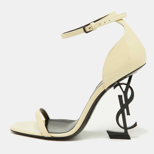 Original Saint Laurent Paris Off White Patent Leather Opyum Ankle Strap Sandals Size 36.5