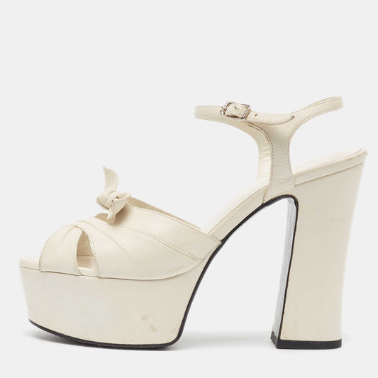 Original Saint Laurent Off White Leather  Bow Ankle Strap Sandals Size  37.5