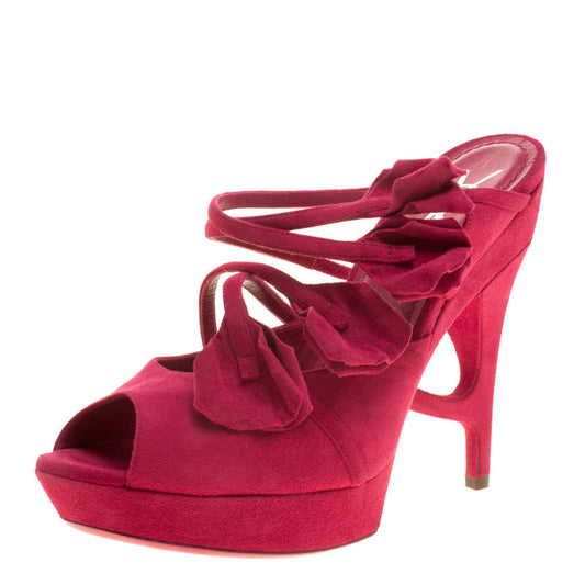 Original Saint Laurent Paris Magenta Suede Rose Petal Detail Peep Toe Platform Sandals Size 38.5