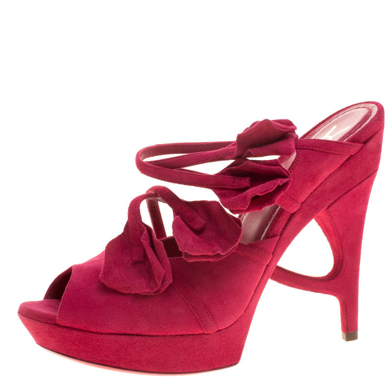 Original Saint Laurent Paris Magenta Suede Rose Petal Detail Peep Toe Platform Sandals Size 38.5