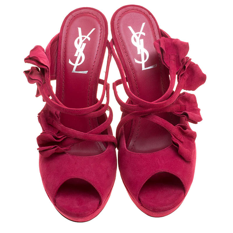 Original Saint Laurent Paris Magenta Suede Rose Petal Detail Peep Toe Platform Sandals Size 38.5