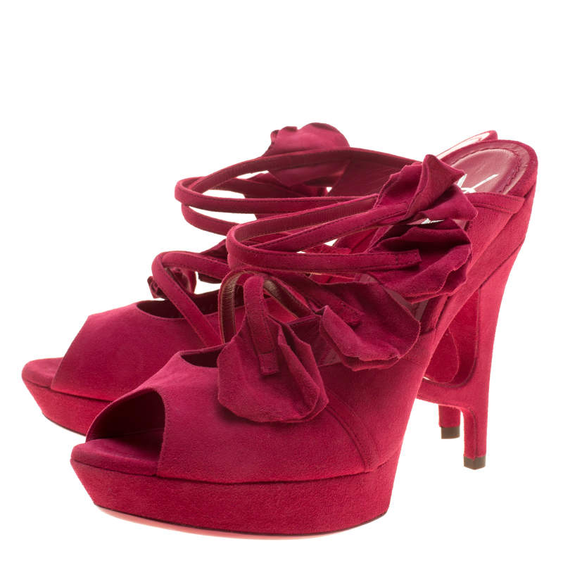 Original Saint Laurent Paris Magenta Suede Rose Petal Detail Peep Toe Platform Sandals Size 38.5