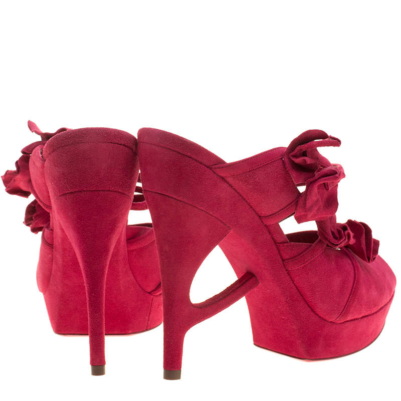 Original Saint Laurent Paris Magenta Suede Rose Petal Detail Peep Toe Platform Sandals Size 38.5