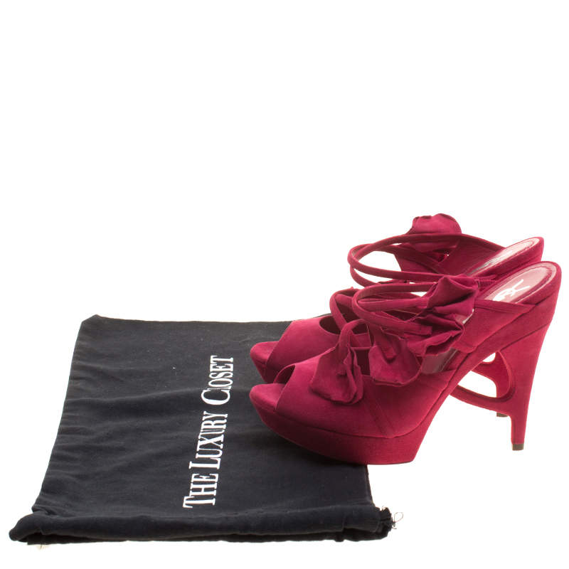 Original Saint Laurent Paris Magenta Suede Rose Petal Detail Peep Toe Platform Sandals Size 38.5