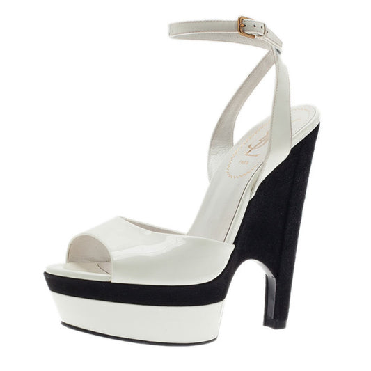 Original Saint Laurent Paris White Leather Cassyopee Ankle Strap Wedge Sandals Size 38