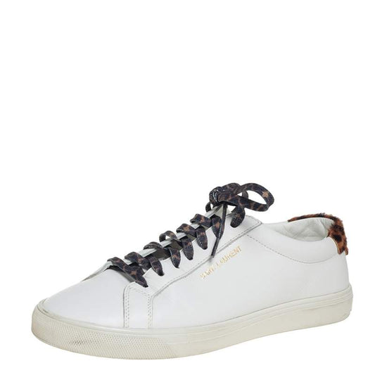 Original Saint Laurent White Leather and Pony Hair Leopard Print Andy Low Top Sneakers Size 37