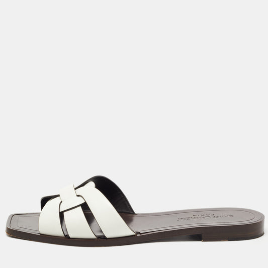 Original Saint Laurent White Leather Tribute  Flat Slides Size 37