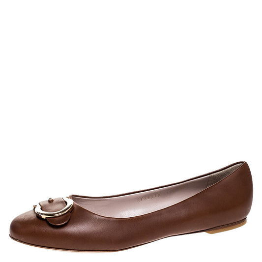 Original Salvatore Ferragamo Brown Leather Buckle Detail Ballet Flats Size 40 (Never Used)