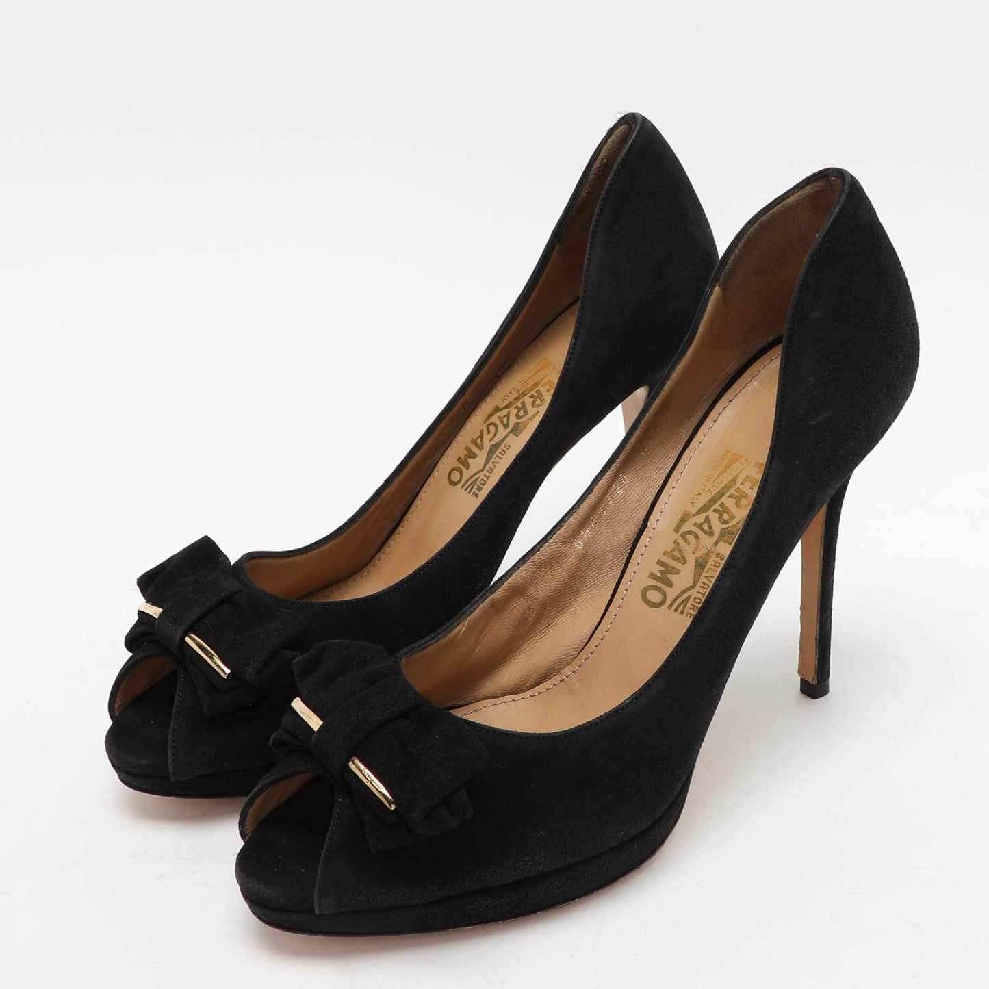 Original Salvatore Ferragamo Black Suede Rosella Peep Toe Pumps Size 40